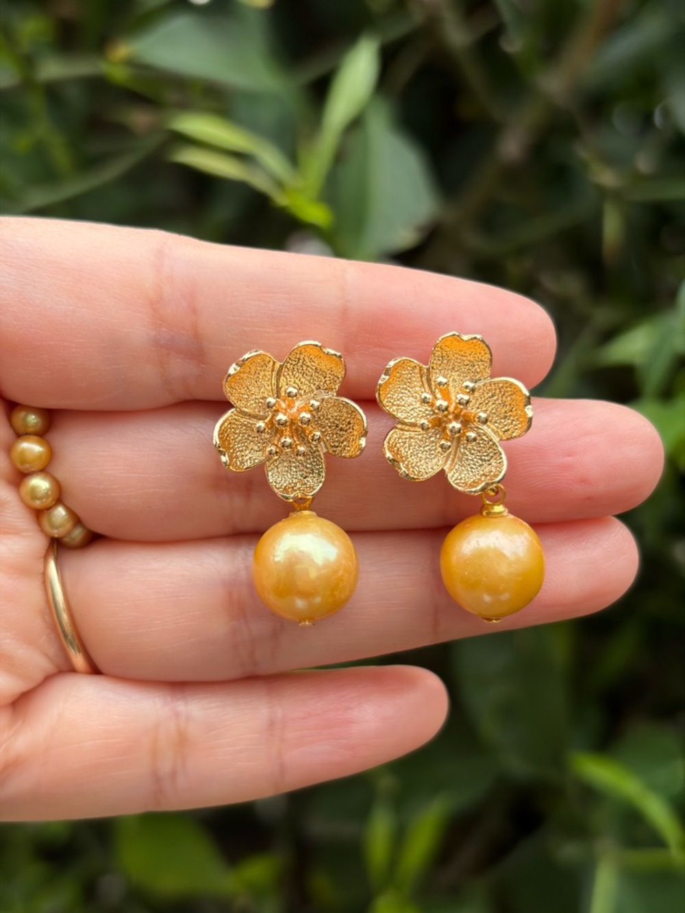 Genuine Golden Yellow Pearl Floral Drop Earrings - Yellow Gold Flower Stud.